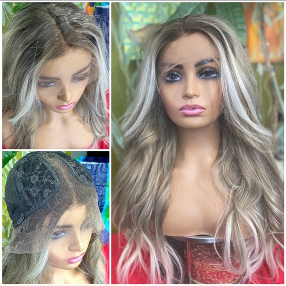 Ash grey Blonde Balayage Long Lace Front Wig
